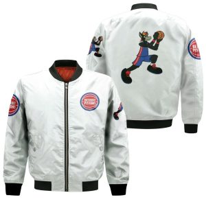 Detroit Pistons Basketball Classic Mascot Logo Gift For Pistons Fans White Bomber Jacket BBJ2232