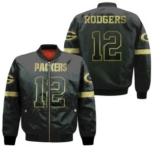 Green Bay Packers 12 Aaron Rodgers Black Golden Edition Inspired Bomber Jacket BBJ1913