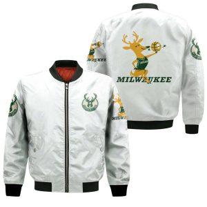 Milwaukee Bucks Basketball Classic Mascot Logo Gift For Bucks Fans White Bomber Jacket BBJ0024