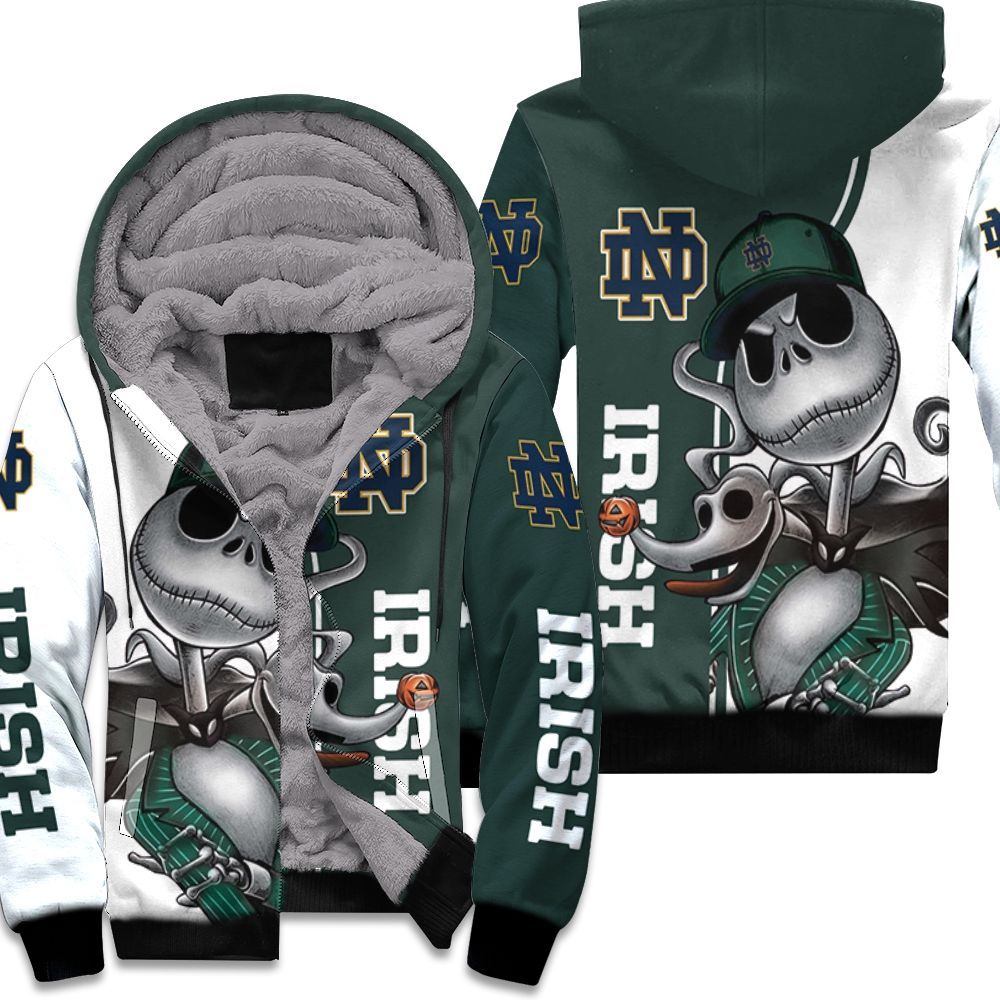 Notre-Dame-Fighting-Irish-Jack-Skellington-And-Zero-Unisex-Fleece-Hoodie Notre Dame Fighting Irish Jack Skellington And Zero Unisex Fleece Hoodie