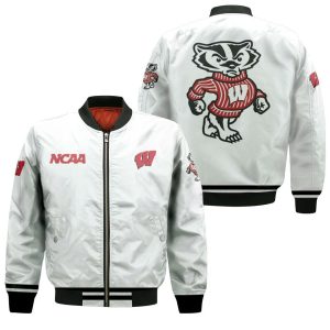 Wisconsin Badgers NCAA Classic White With Mascot Logo Gift For Wisconsin Badgers Fans Bomber Jacket BBJ2107