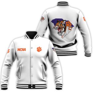 Clemson Tigers Ncaa Classic White With Mascot Logo Gift For Clemson Tigers Fans Baseball Jacket BJ2070