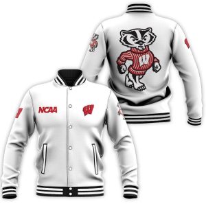 Wisconsin Badgers Ncaa Classic White With Mascot Logo Gift For Wisconsin Badgers Fans Baseball Jacket BJ0067