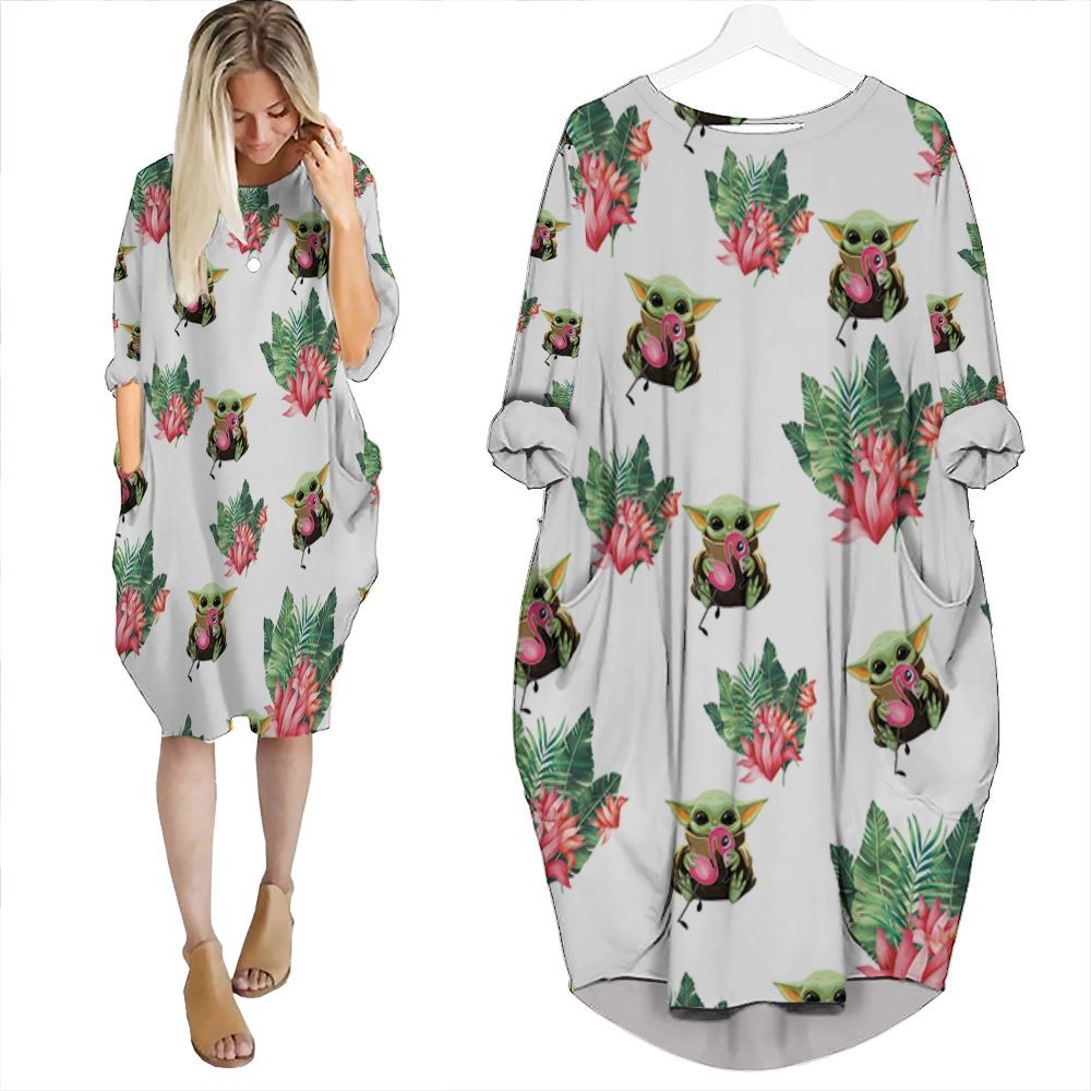 Baby Yoda Hugging Flamingos Seamless Tropical Leaves Lotuses On Black Batwing Pocket Dress PD458