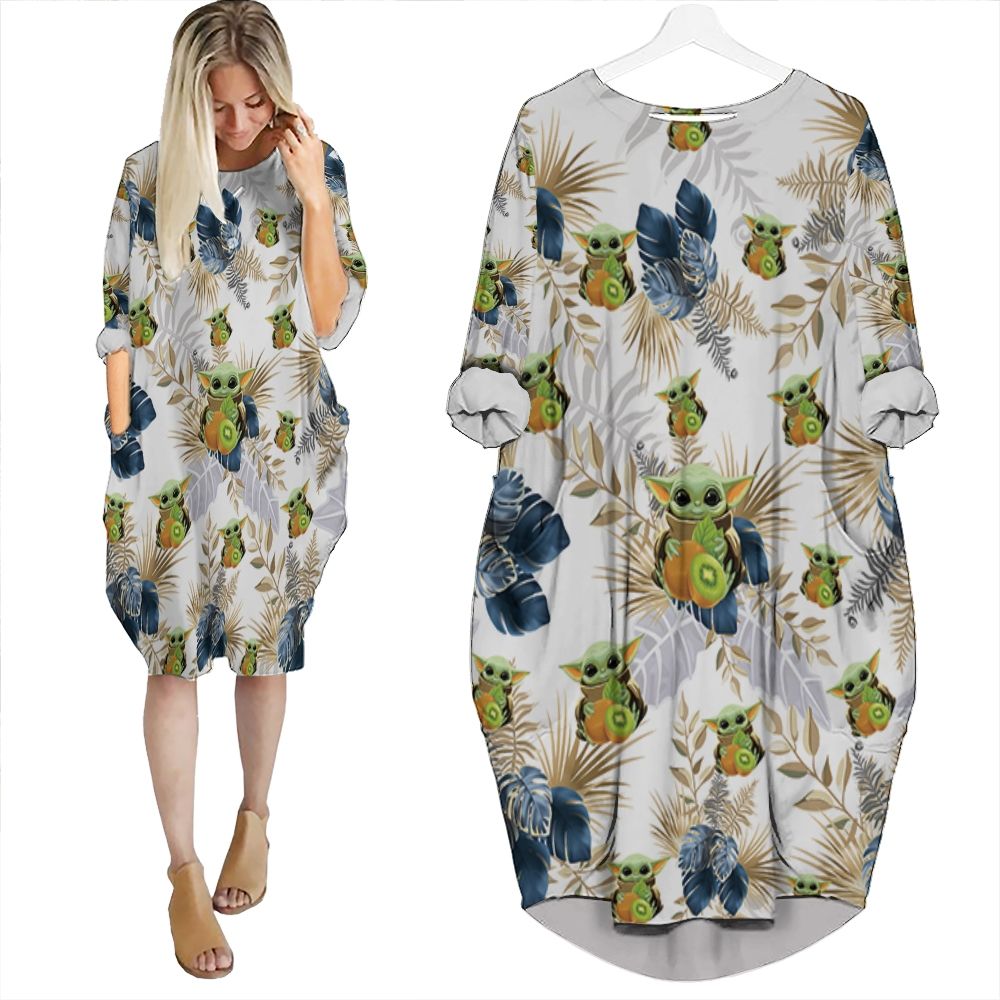 Baby Yoda Hugging Kiwis Seamless Tropical Blue And Green Leaves On White Batwing Pocket Dress PD469