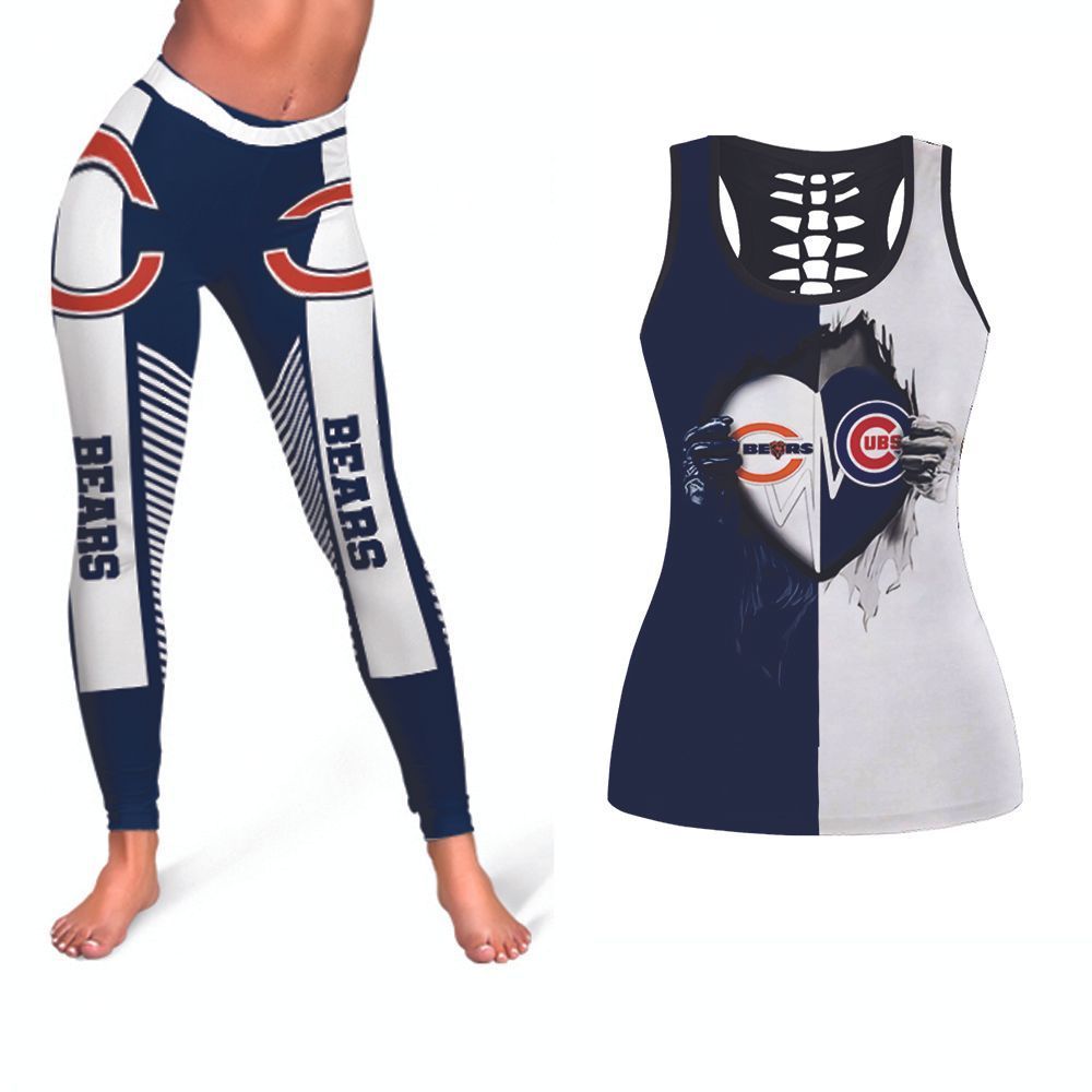 Chicago Bears And Chicago Cubs Heartbeat Love Ripped NFL American Football Logo Tank Top And Legging Set Gift For Bears Cubs Fans