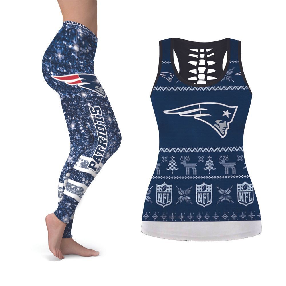 Christmas Tree Deer Pattern New England Patriots NFL American Football Tank Top And Legging Set Gift For Patriots Fans