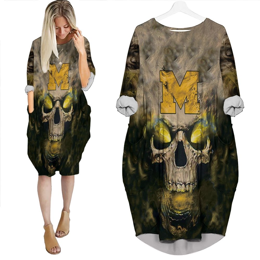 Michigan Wolverines Skull Michigan Wolverines 3Ds Batwing Pocket Dress PD1459