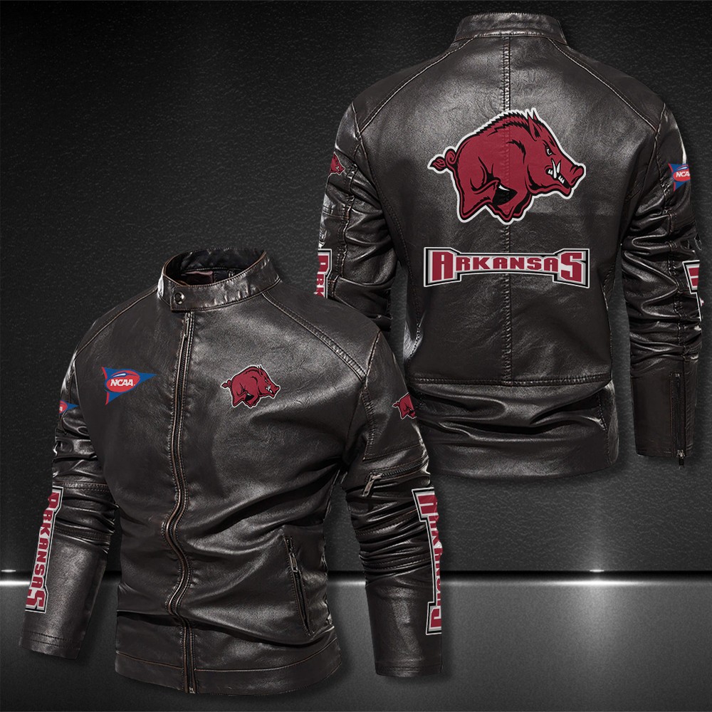 Arkansas-Razorbacks-Motor-Collar-Leather-Jacket-For-Biker-Racer Arkansas Razorbacks Motor Collar Leather Jacket For Biker Racer