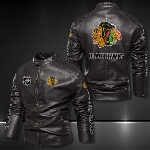 Chicago Blackhawks Motor Collar Leather Jacket For Biker Racer