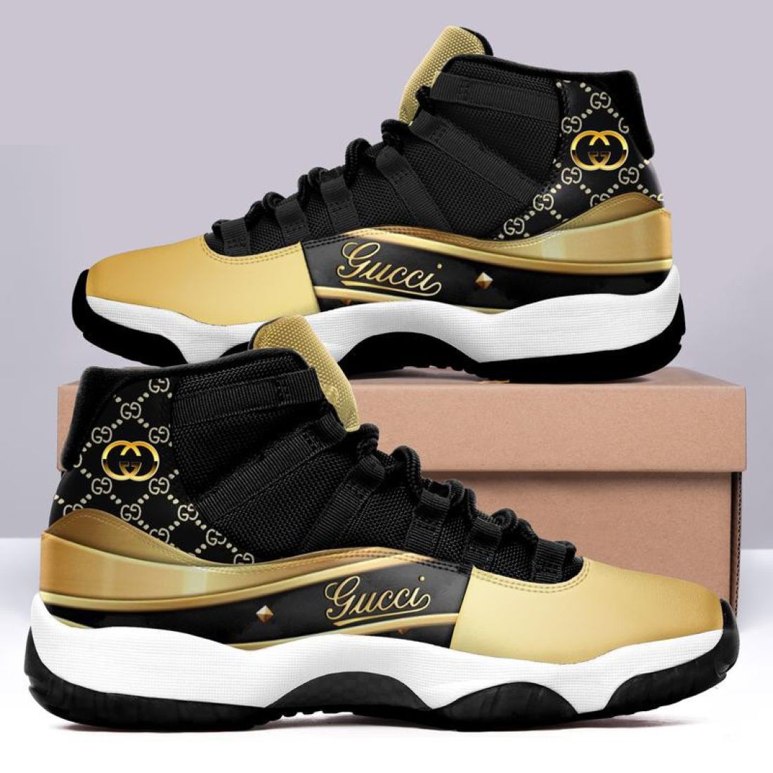 Gucci-Black-Gold-Air-Jordan-11-Custom-Sneakers-Shoes-JD110178 Gucci Black Gold Air Jordan 11 Custom Sneakers Shoes JD110178