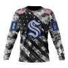 Customized NHL Seattle Kraken Grey Camo Military Design And USA Flags On Shoulder Unisex Sweatshirt SWS1531