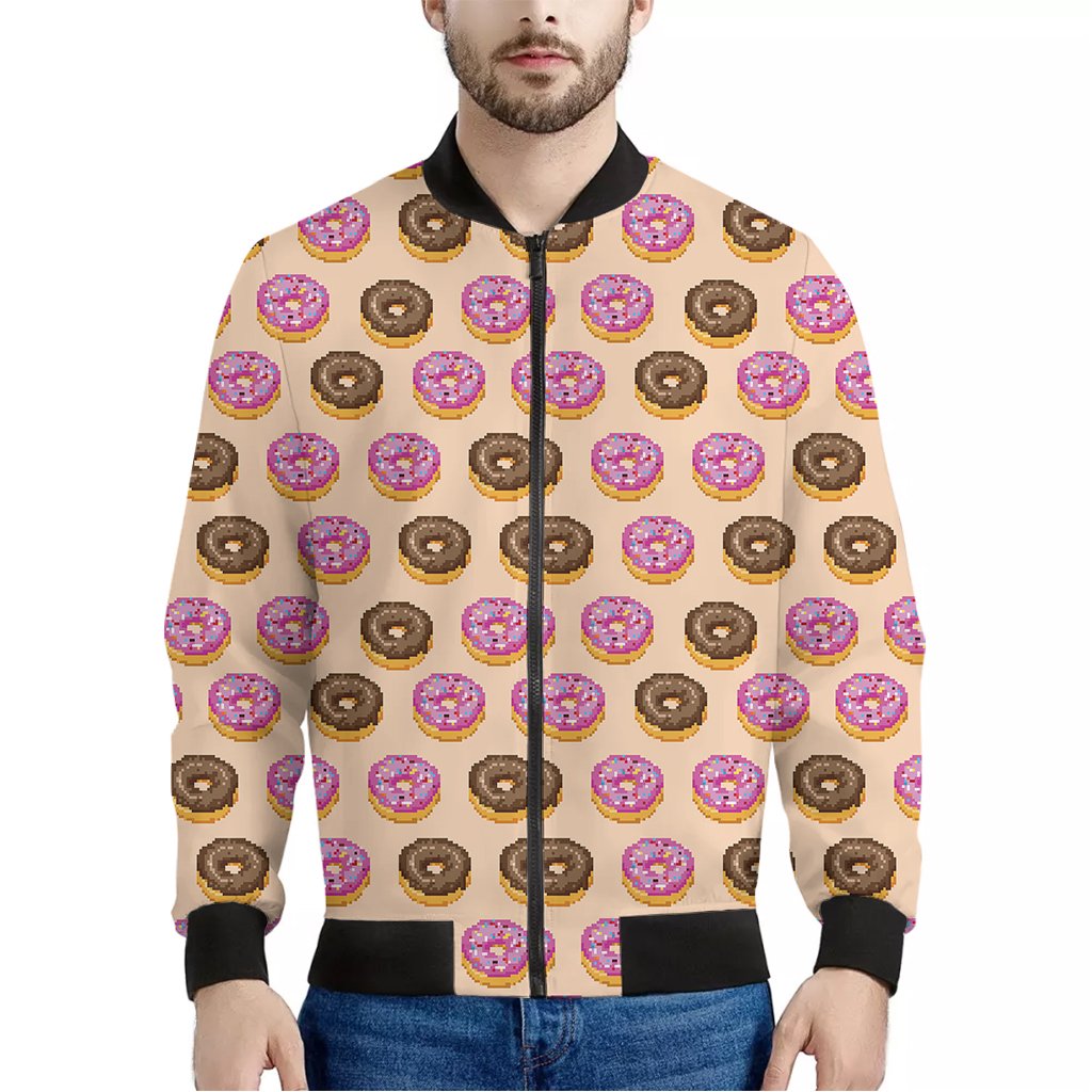 8-Bit-Pixel-Donut-Print-Bomber-Jacket 8-Bit Pixel Donut Print Bomber Jacket