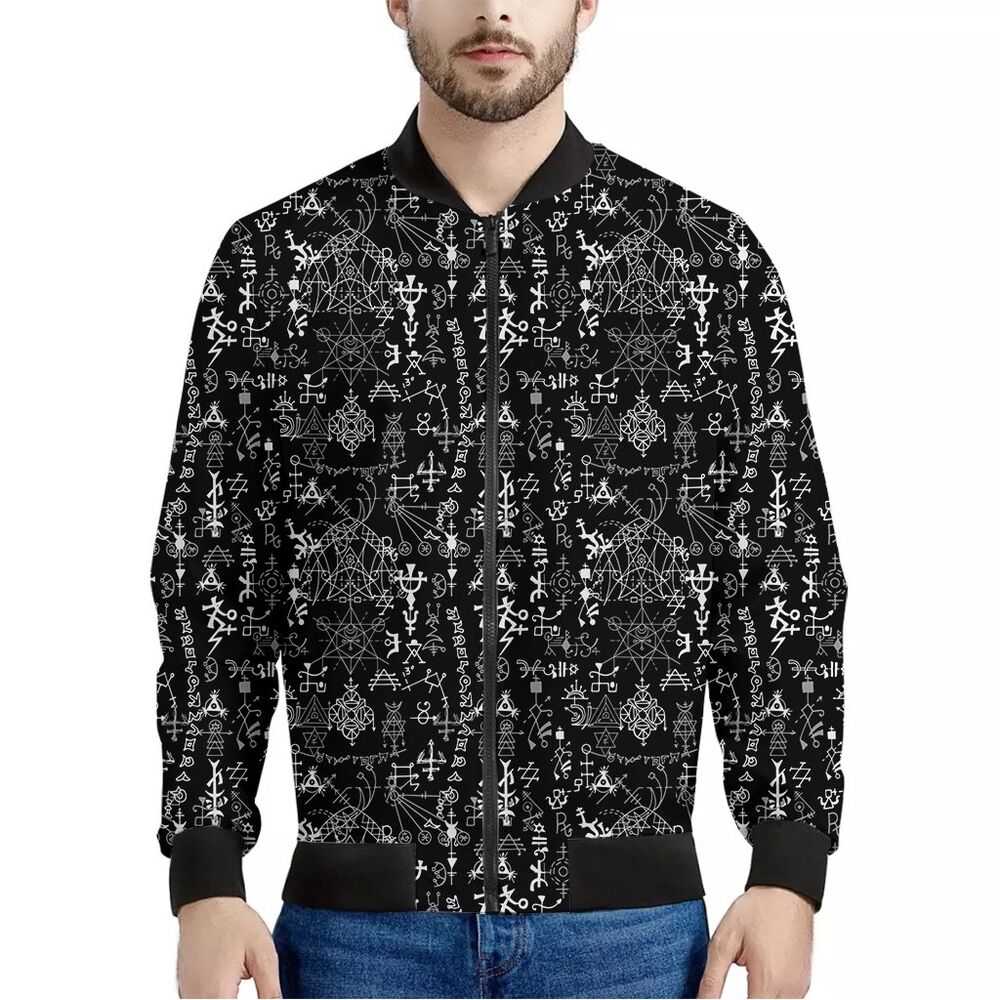 Witch Wiccan Gothic Pagan Satanic Pattern Print Women Casual Bomber Jacket main image 1