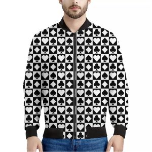 Black And White Playing Card Suits Print Bomber Jacket