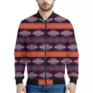 Blue And Orange Southwestern Print Bomber Jacket