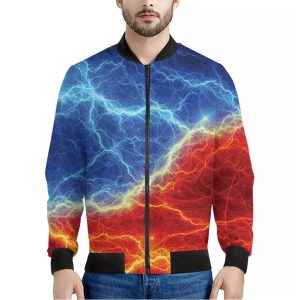 Blue And Red Lightning Print Bomber Jacket