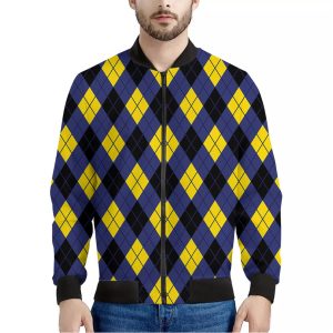 Blue Black And Yellow Argyle Print Bomber Jacket