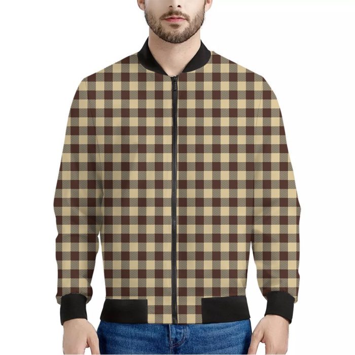Brown And Beige Buffalo Check Print Bomber Jacket