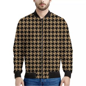 Brown And Black Houndstooth Print Bomber Jacket