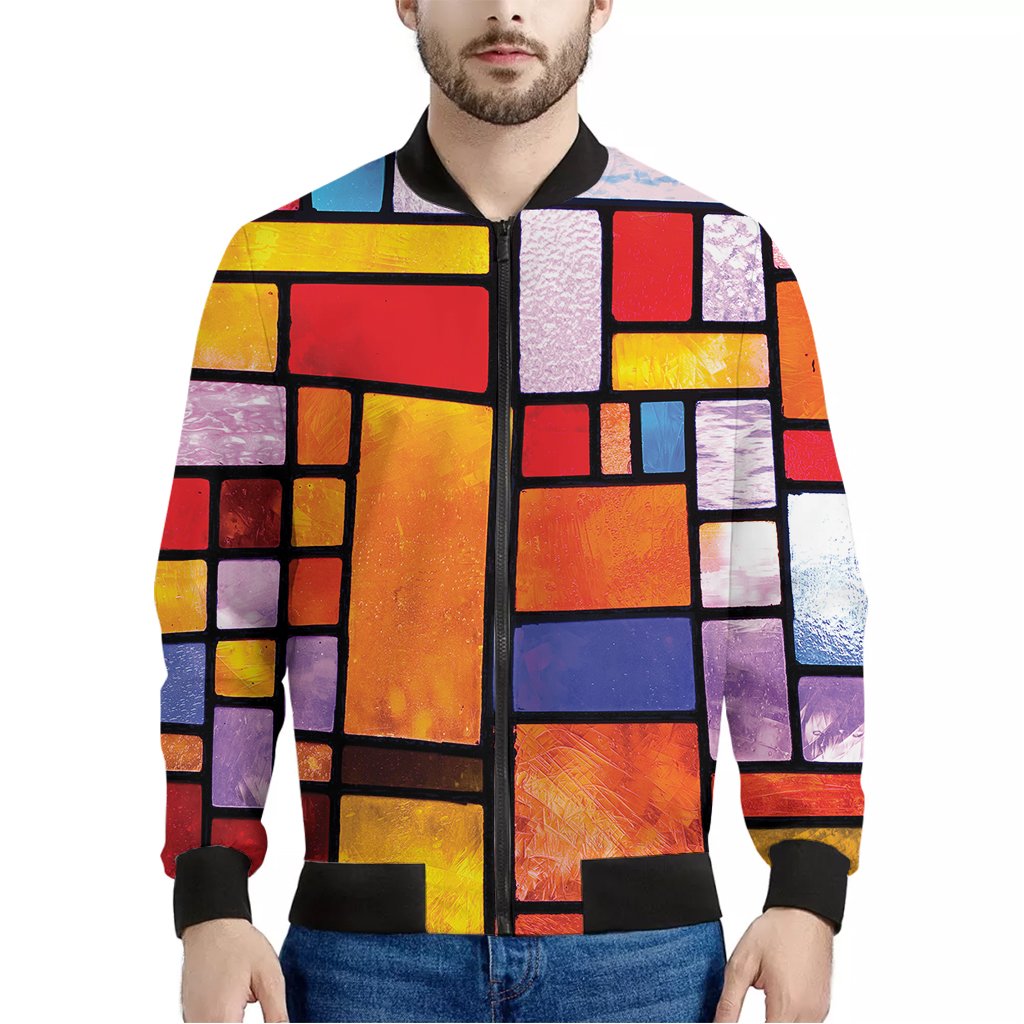 Colorful-Stained-Glass-Mosaic-Print-Bomber-Jacket Colorful Stained Glass Mosaic Print Bomber Jacket