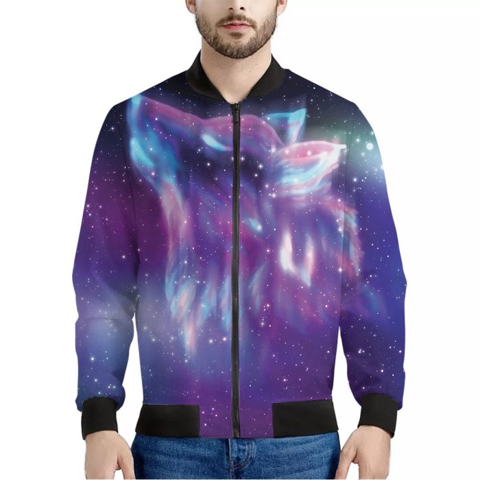 Galaxy Howling Wolf Spirit Print Bomber Jacket