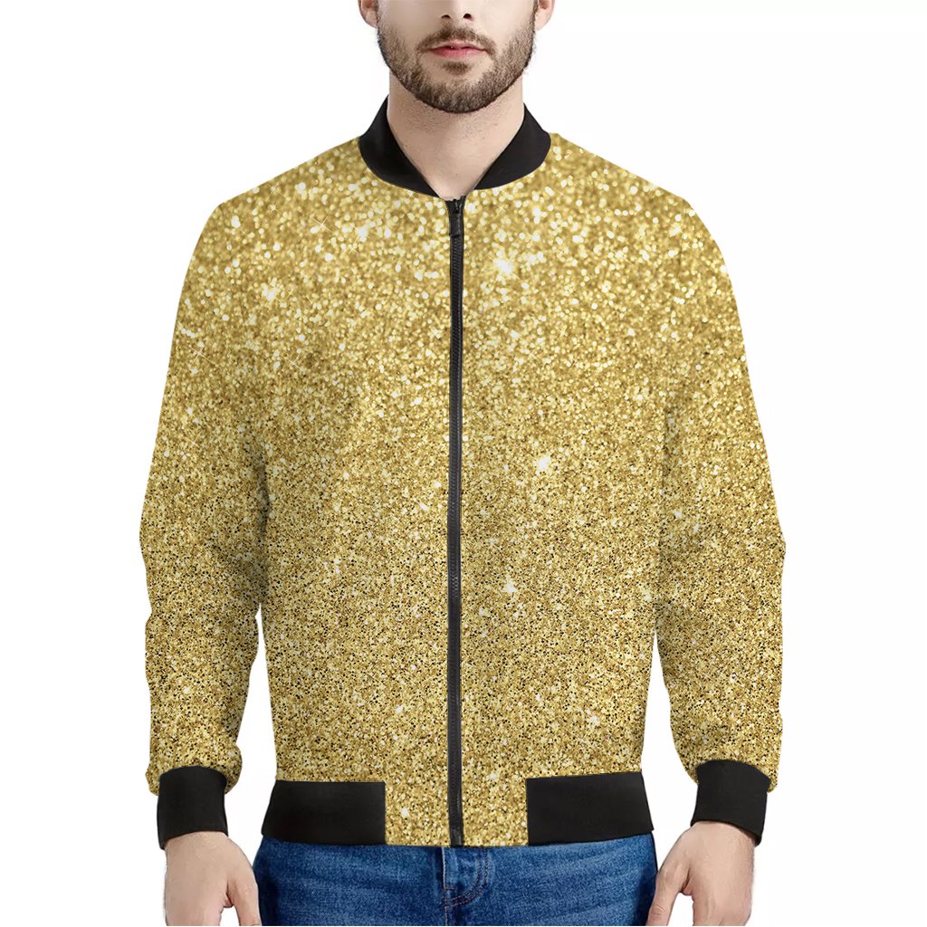 Gold-Glitter-Texture-Print-Bomber-Jacket Gold Glitter Texture Print Bomber Jacket