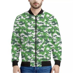 Green And White Digital Camo Print Bomber Jacket