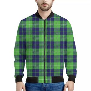 Green Blue And White Tartan Print Bomber Jacket