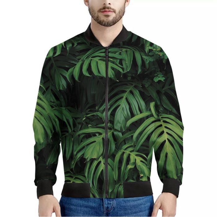 Green Monstera Leaf Print Bomber Jacket