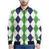Green White And Navy Argyle Print Bomber Jacket