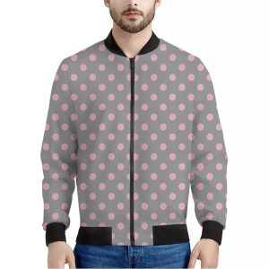 Grey And Pink Polka Dot Pattern Print Bomber Jacket