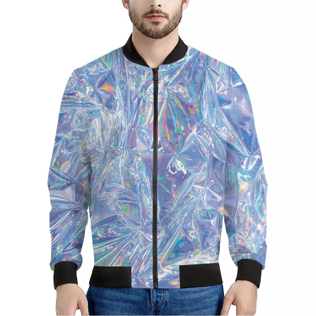 Holographic-Texture-Print-Bomber-Jacket Holographic Texture Print Bomber Jacket