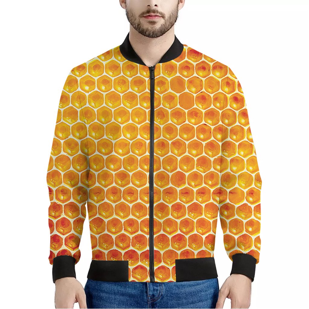 Honey-Bee-Hive-Print-Bomber-Jacket Honey Bee Hive Print Bomber Jacket