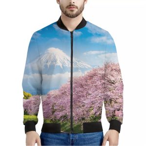 Mount Fuji And Cherry Blossom Print Bomber Jacket