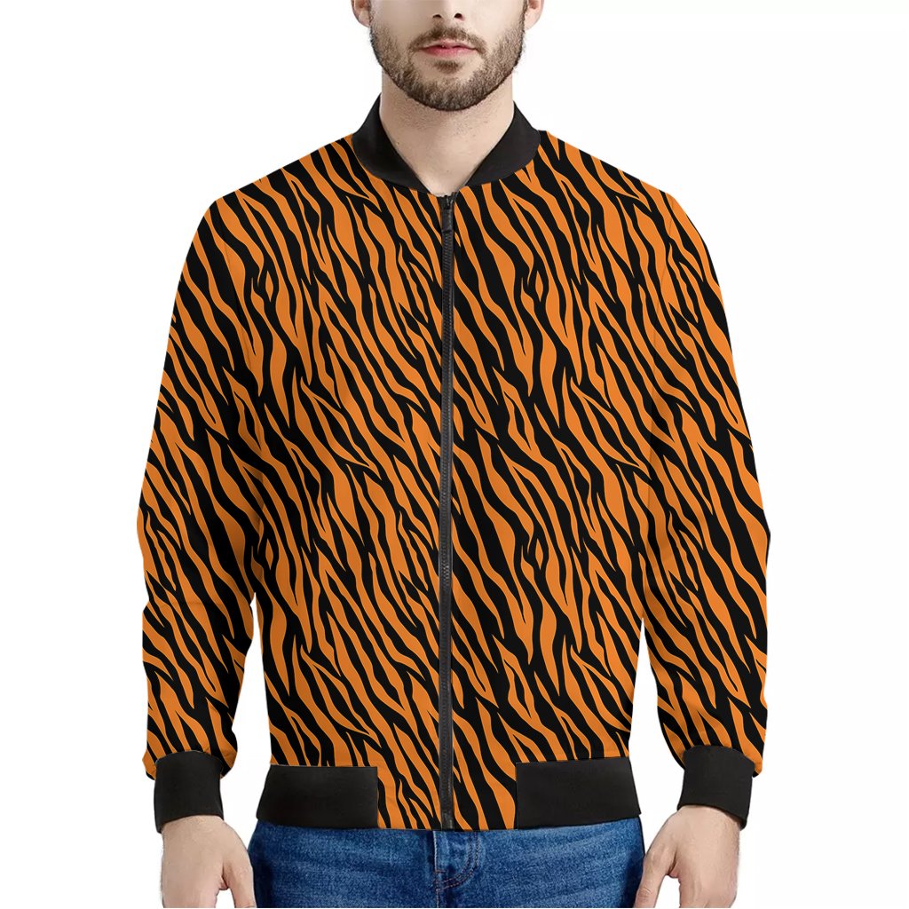 Orange-And-Black-Tiger-Stripe-Print-Bomber-Jacket Orange And Black Tiger Stripe Print Bomber Jacket