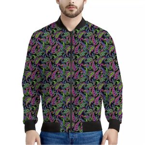 Pink Blue And Green Paisley Print Bomber Jacket