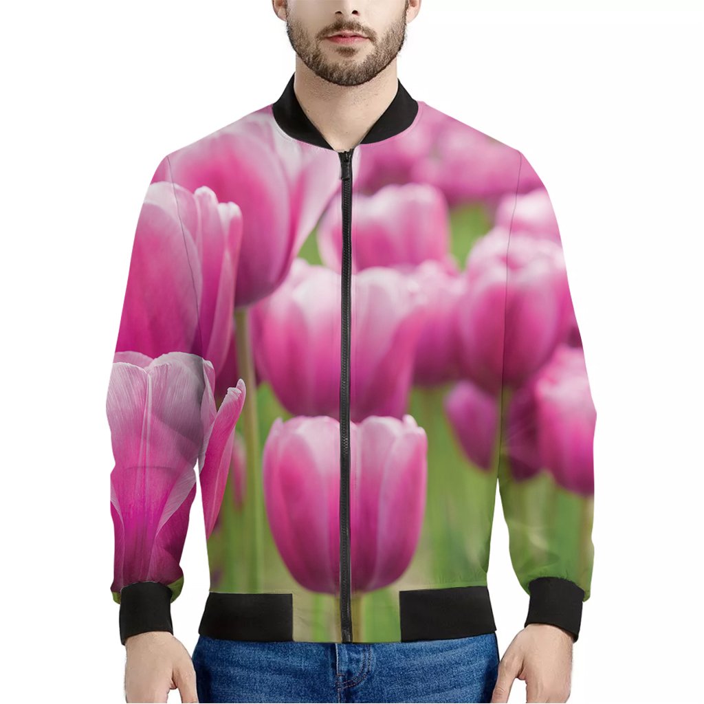 Pink-Tulip-Print-Bomber-Jacket Pink Tulip Print Bomber Jacket