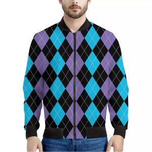 Purple Black And Blue Argyle Print Bomber Jacket