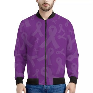 Purple Cancer Awareness Ribbon Print Bomber Jacket