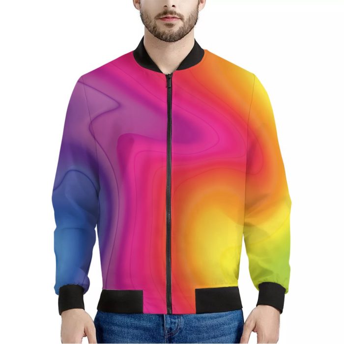 Rainbow Flow Print Bomber Jacket