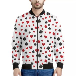 Red And Black Playing Card Suits Print Bomber Jacket