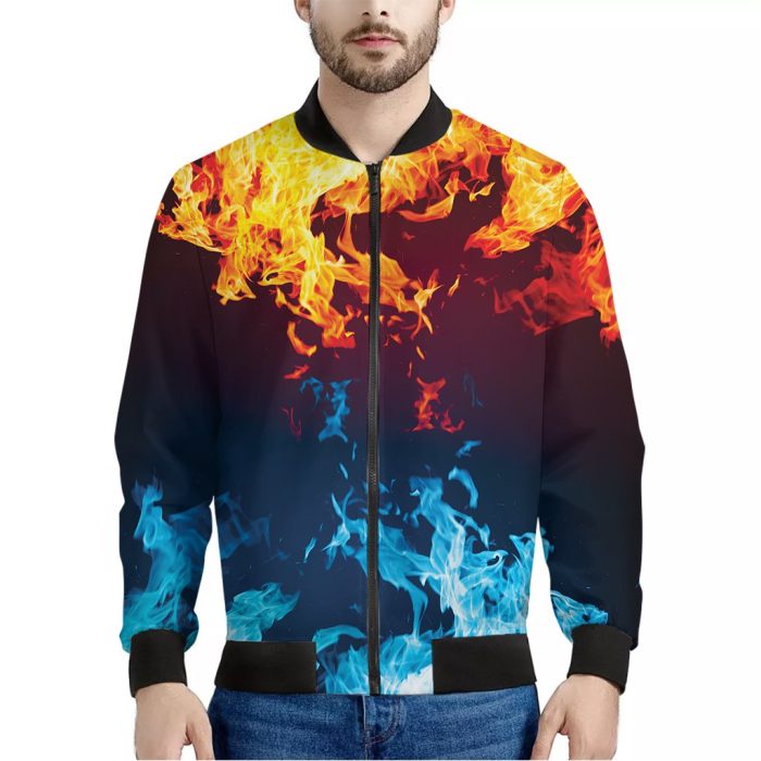 Red And Blue Fire Print Bomber Jacket