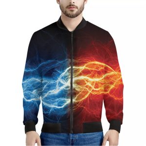 Red And Blue Lightning Print Bomber Jacket