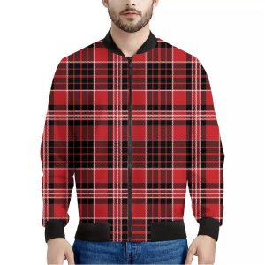 Red Black And White Scottish Plaid Print Bomber Jacket