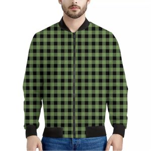 Sage Green Buffalo Check Pattern Print Bomber Jacket