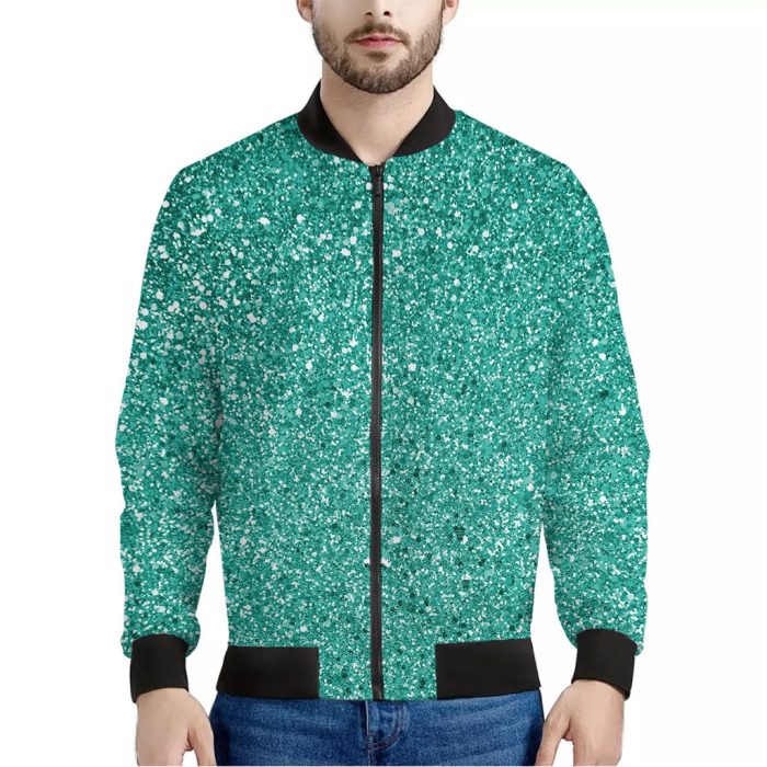 Teal Glitter Texture Print Bomber Jacket
