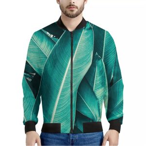 Turquoise Banana Leaf Print Bomber Jacket