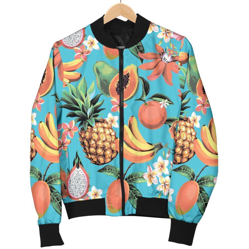 Vintage-Tropical-Fruits-Pattern-Print-Bomber-Jacket Vintage Tropical Fruits Pattern Print Bomber Jacket