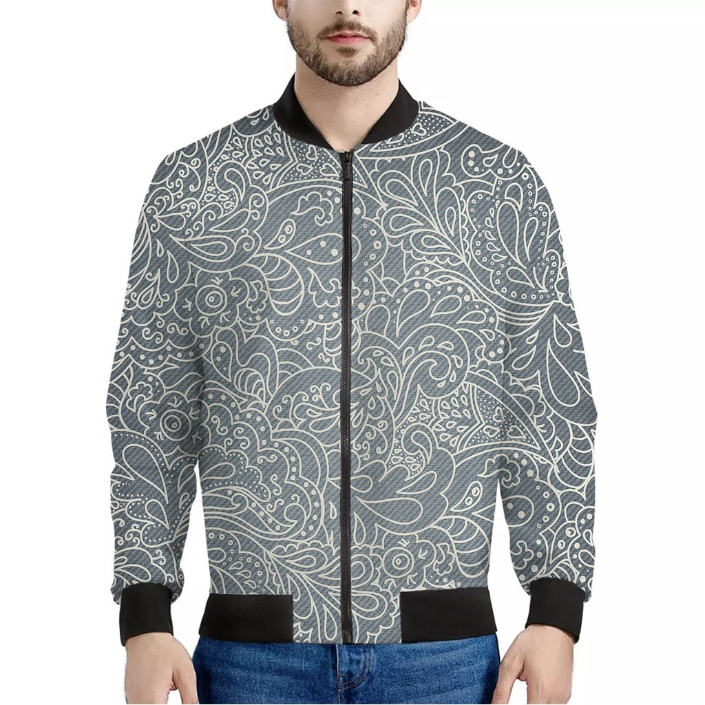 White-And-Grey-Western-Floral-Print-Bomber-Jacket White And Grey Western Floral Print Bomber Jacket